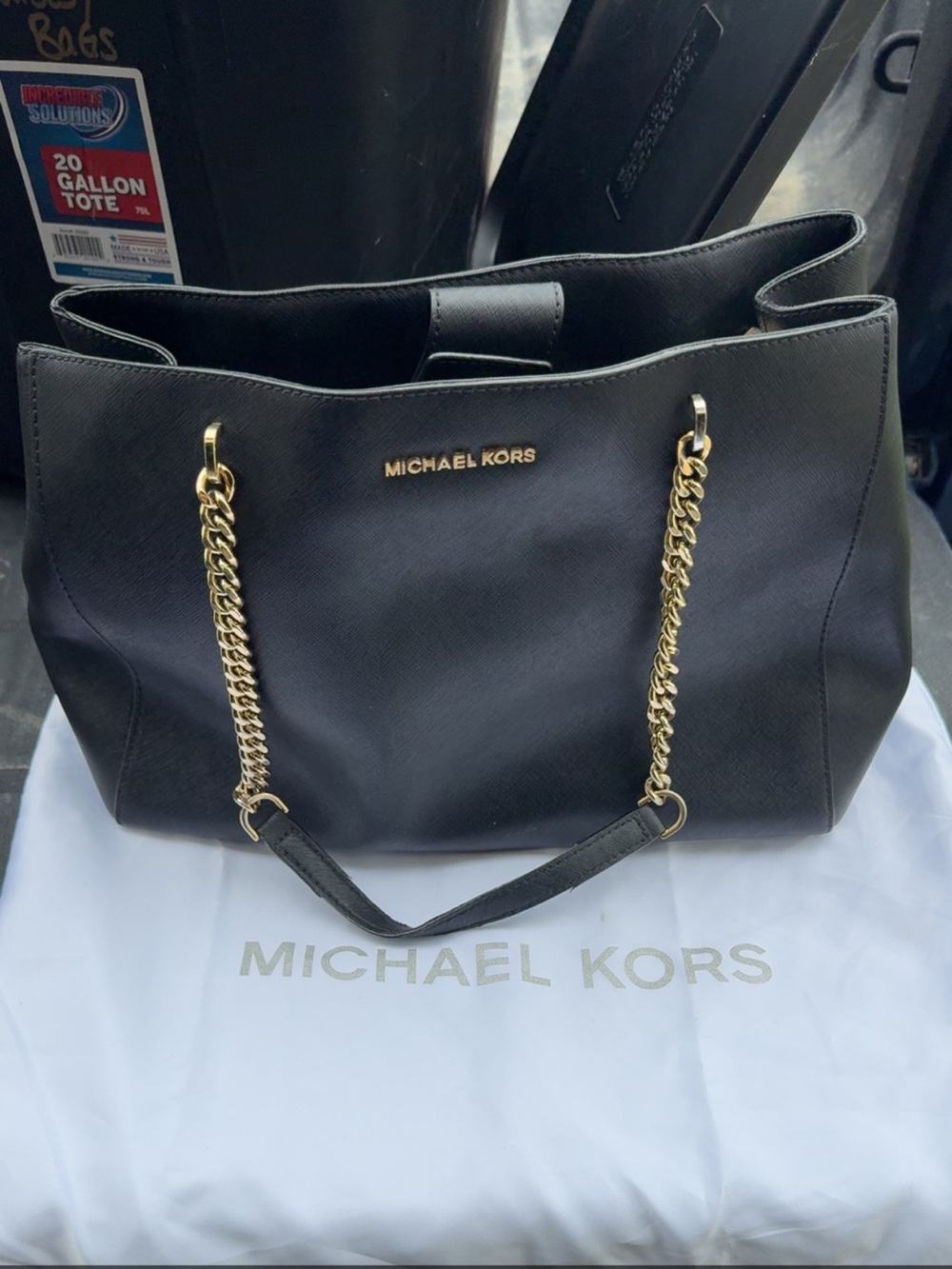 Michael Kors Black Leather Tote with Gold Chain Handles